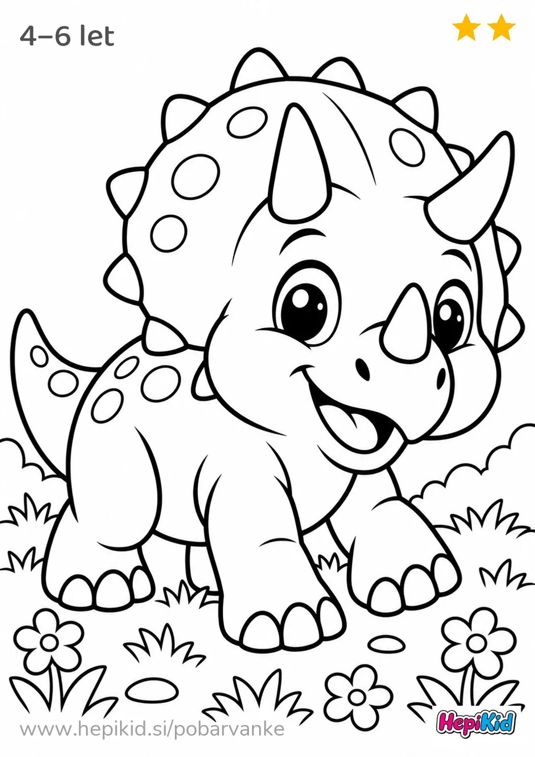 Kawaii pobarvanka: triceratops na travniku za otroke od 4–6 leta
