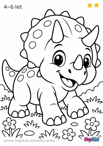 Kawaii pobarvanka: triceratops na travniku za otroke od 4–6 leta