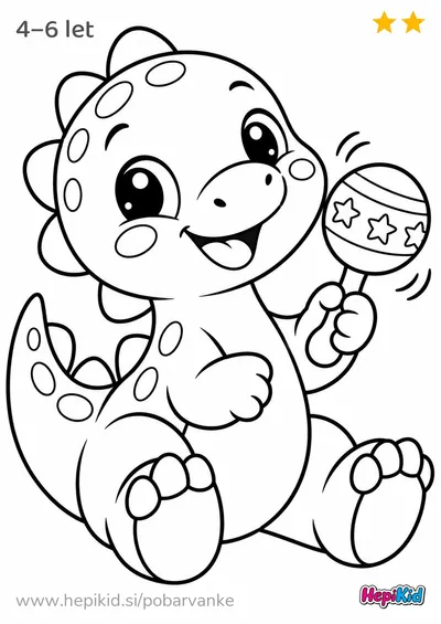 Kawaii pobarvanka: dinozaver z ropotuljico za otroke od 4–6 leta