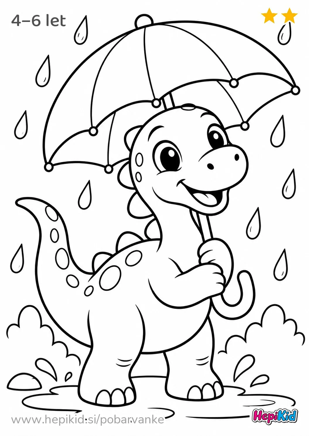 Kawaii pobarvanka: dinozaver z dežnikom za otroke od 4–6 leta