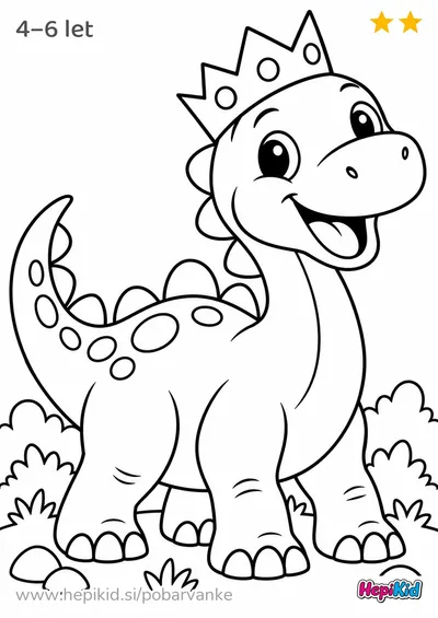 Kawaii pobarvanka: dinozaver s krono za otroke od 4–6 leta
