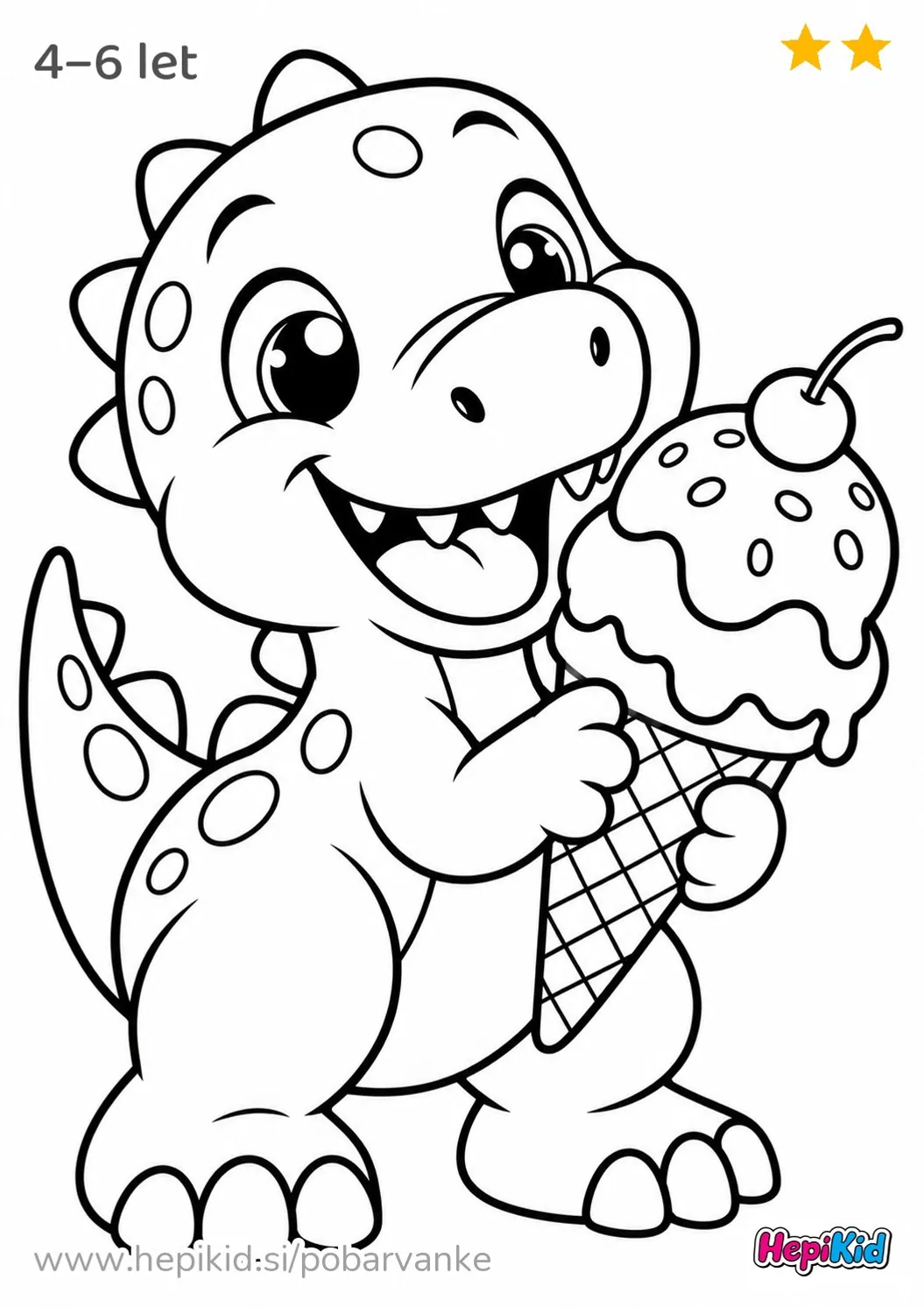 Kawaii pobarvanka: dinozaver s sladoledom za otroke od 4–6 leta