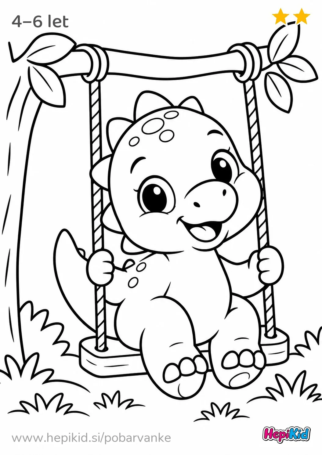 Kawaii pobarvanka: dinozaver na gugalnici za otroke od 4–6 leta