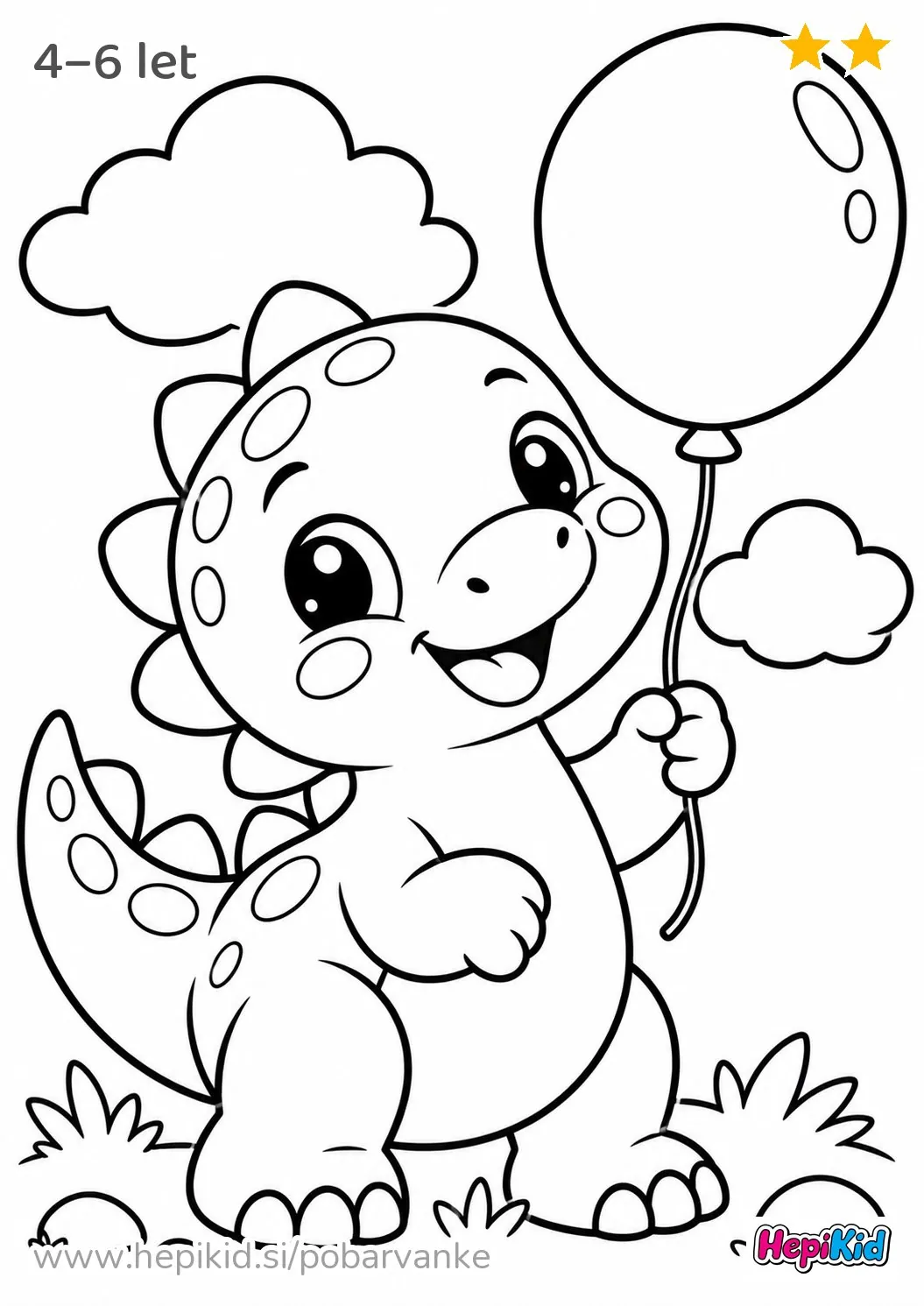 Kawaii pobarvanka: dinozaver z balonom v oblaku za otroke od 4–6 leta