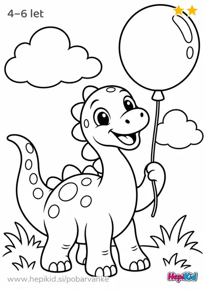 Kawaii pobarvanka: dinozaver z balonom in oblaki za otroke od 4–6 leta