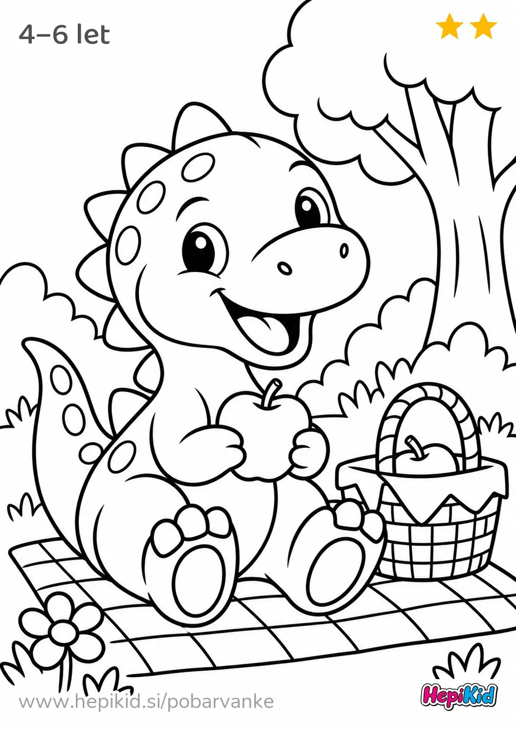 Kawaii pobarvanka: dinozaver na pikniku za otroke od 4–6 leta