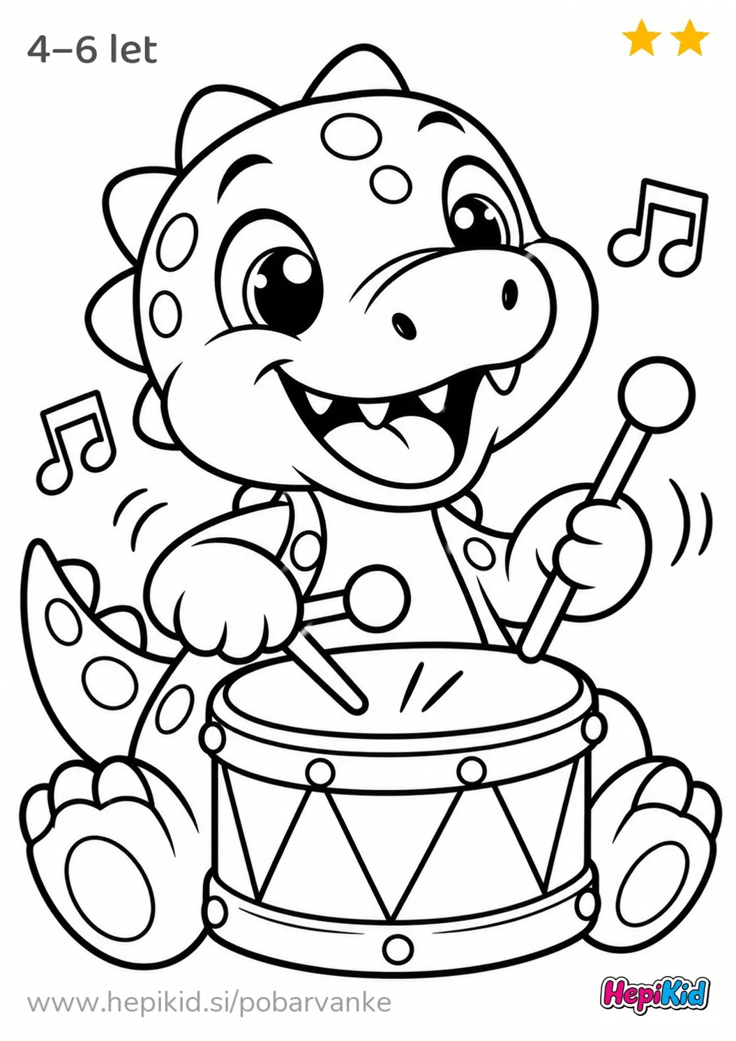 Kawaii pobarvanka: dinozaver z bobnom za otroke od 4–6 leta