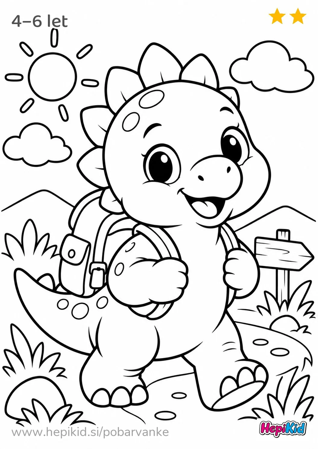 Kawaii pobarvanka: dinozaver z nahrbtnikom za otroke od 4–6 leta