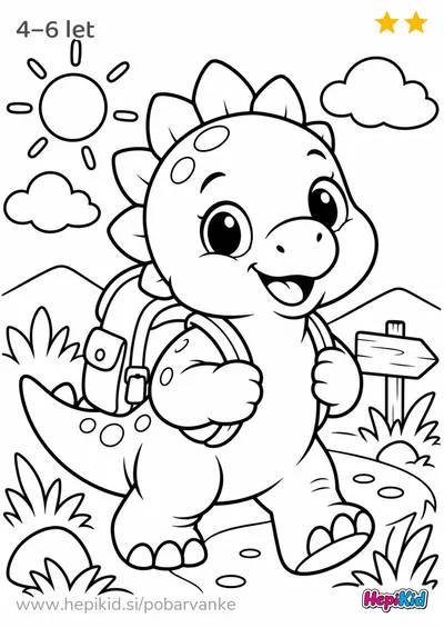 Kawaii pobarvanka: dinozaver z nahrbtnikom za otroke od 4–6 leta