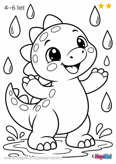 Kawaii pobarvanka: dinozaver z dežnimi kapljami za otroke od 4–6 leta