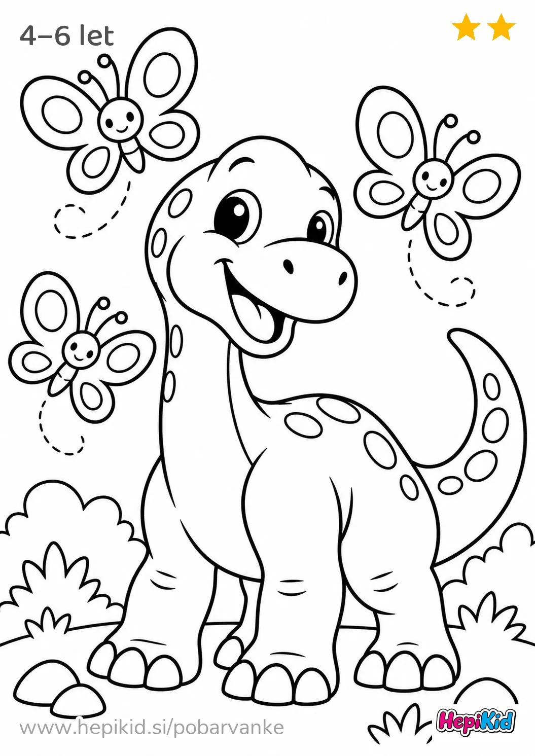 Kawaii pobarvanka: dinozaver z metulji za otroke od 4–6 leta