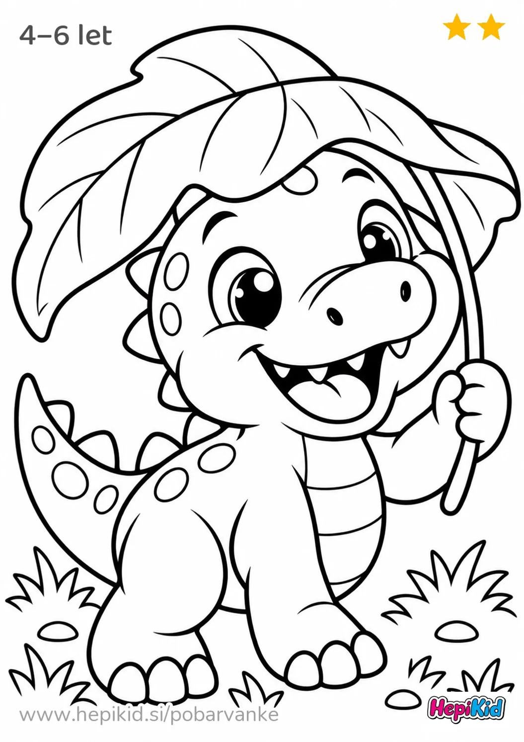 Kawaii pobarvanka: dinozaver z listnatim klobukom za otroke od 4–6 leta