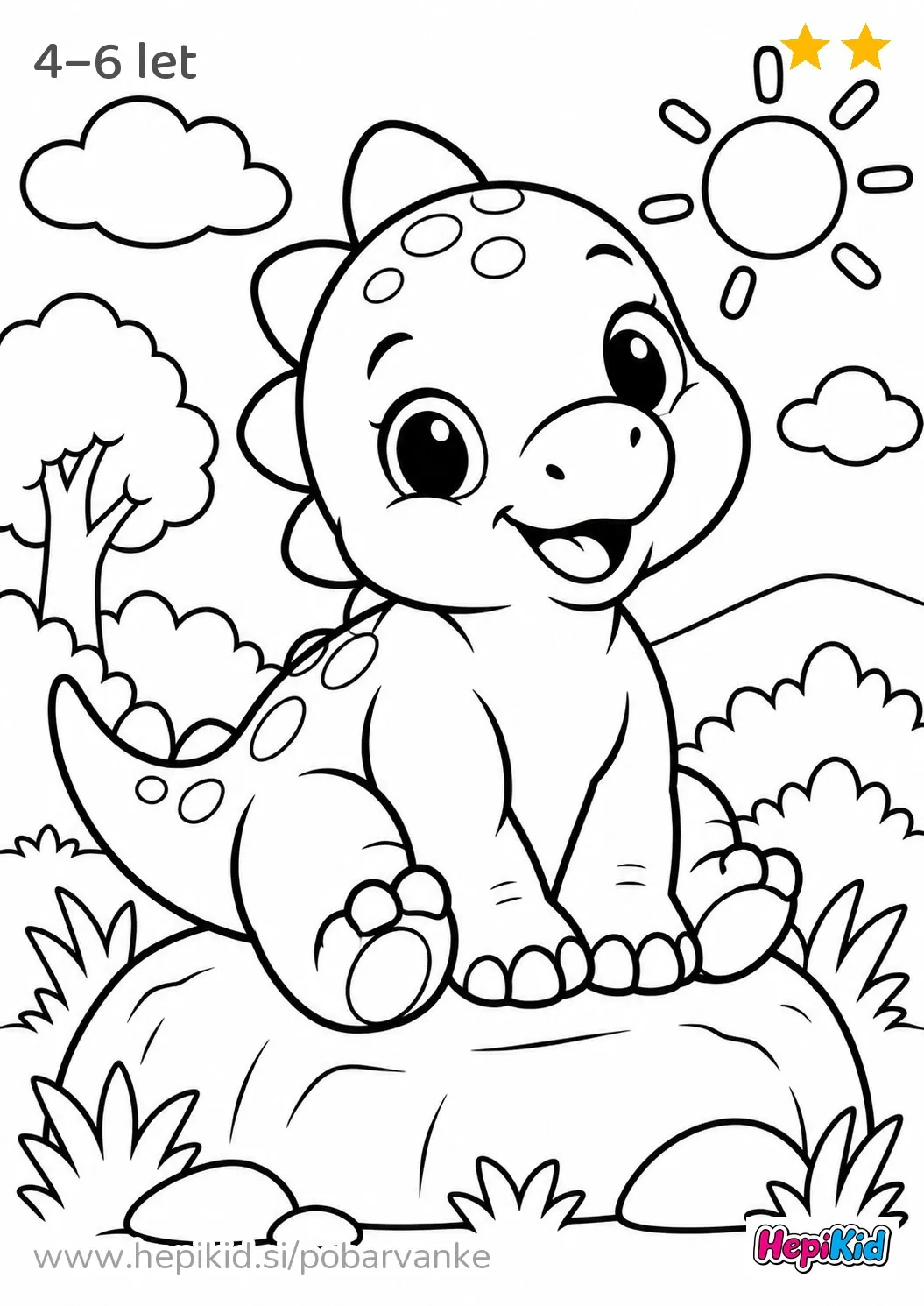 Kawaii pobarvanka: dinozaver na kamnu za otroke od 4–6 leta