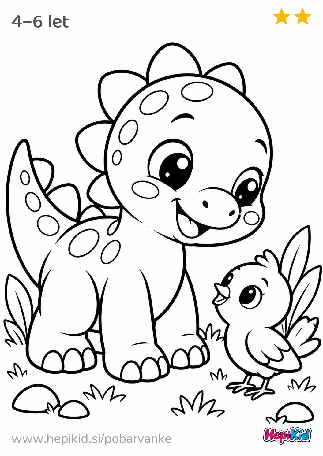 Kawaii pobarvanka: dinozaver in ptiček za otroke od 4–6 leta