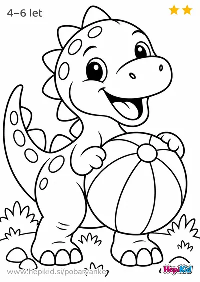 Kawaii pobarvanka: dinozaver z žogo za otroke od 4–6 leta