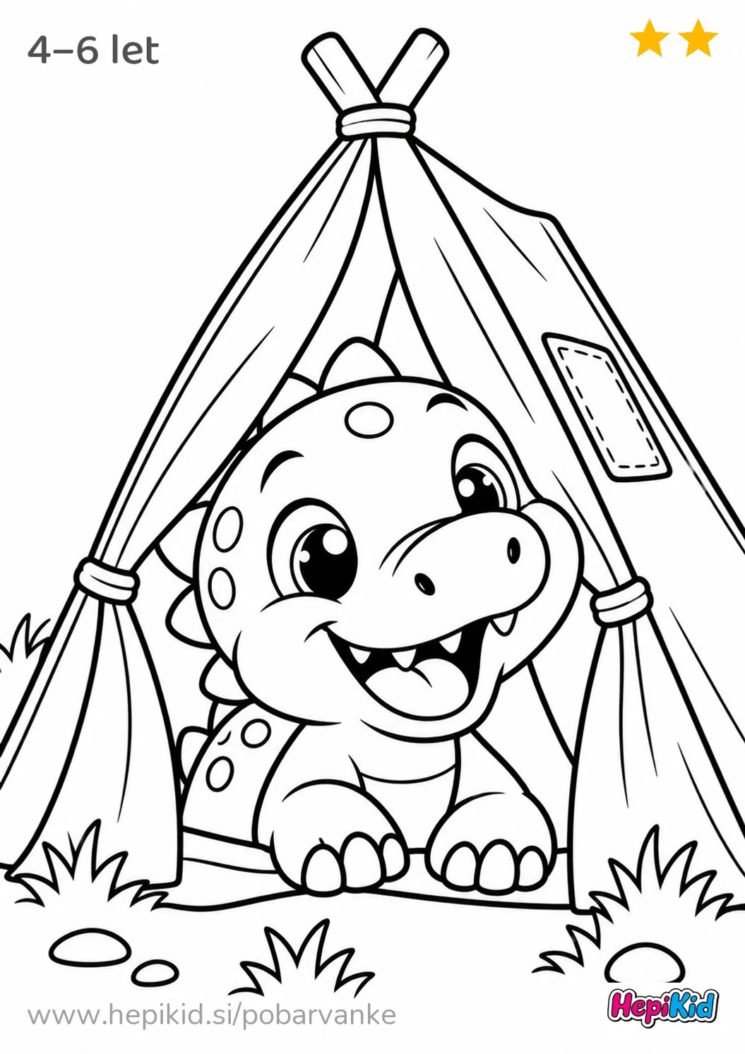 Kawaii pobarvanka: dinozaver v šotoru za otroke od 4–6 leta