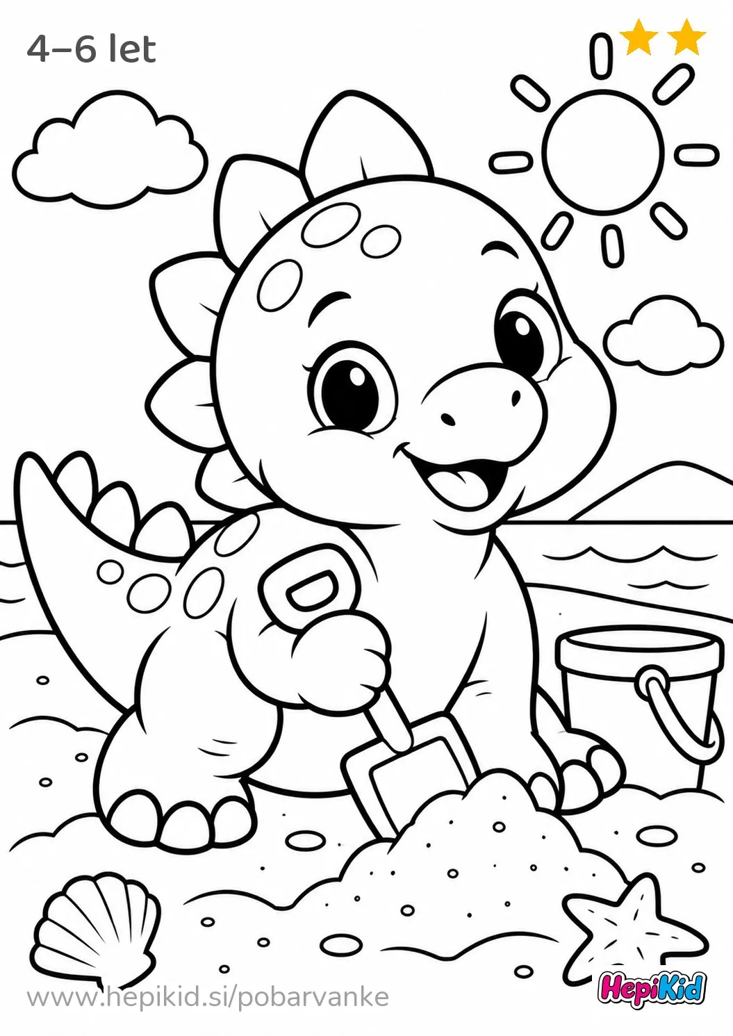 Kawaii pobarvanka: dinozaver z lopatko za otroke od 4–6 leta
