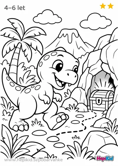 Kawaii pobarvanka: t-rex išče skriti zaklad za otroke od 4–6 let