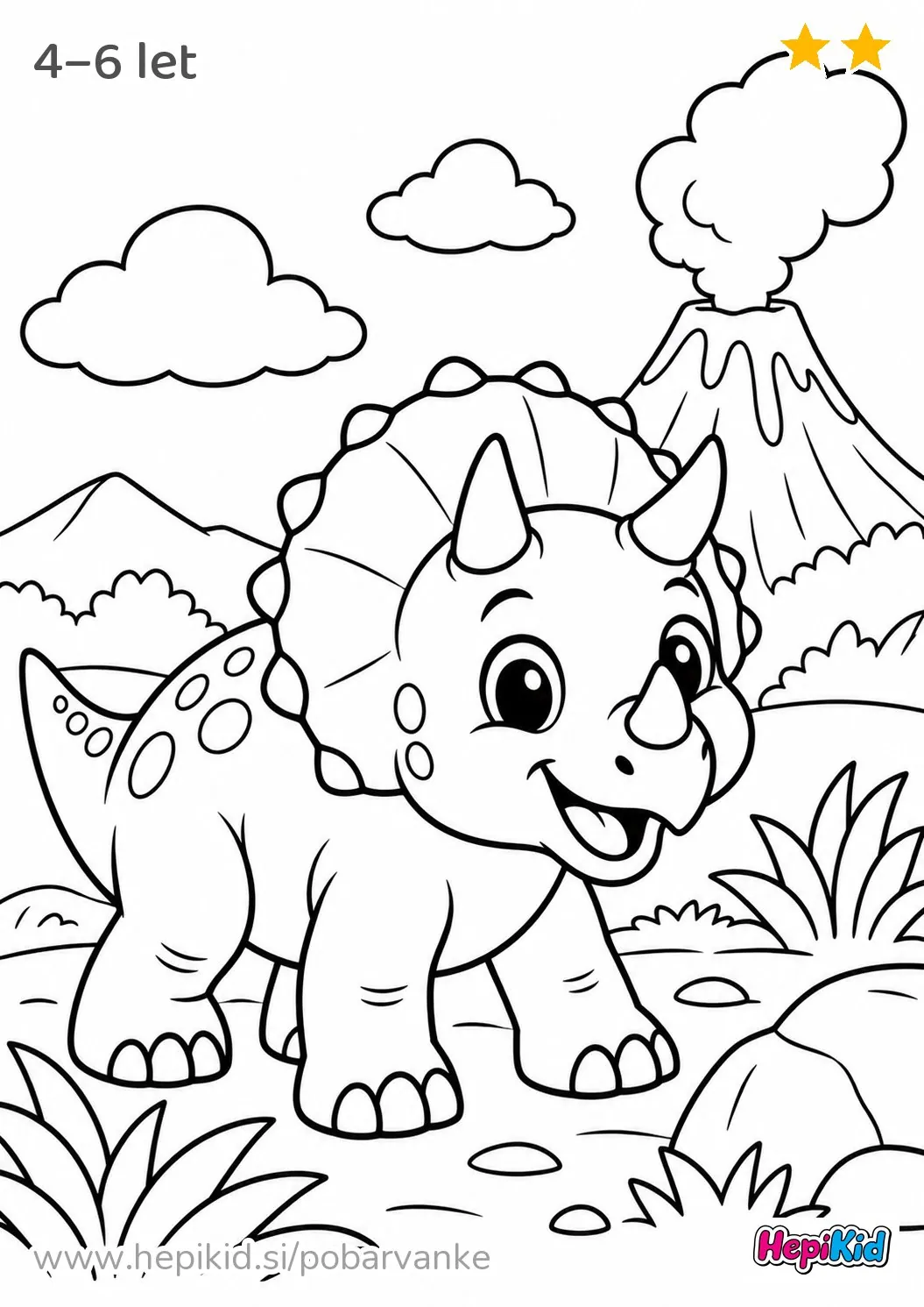 Kawaii pobarvanka: triceratops pri vulkanu za otroke od 4–6 let