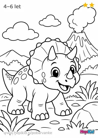 Kawaii pobarvanka: triceratops pri vulkanu za otroke od 4–6 let