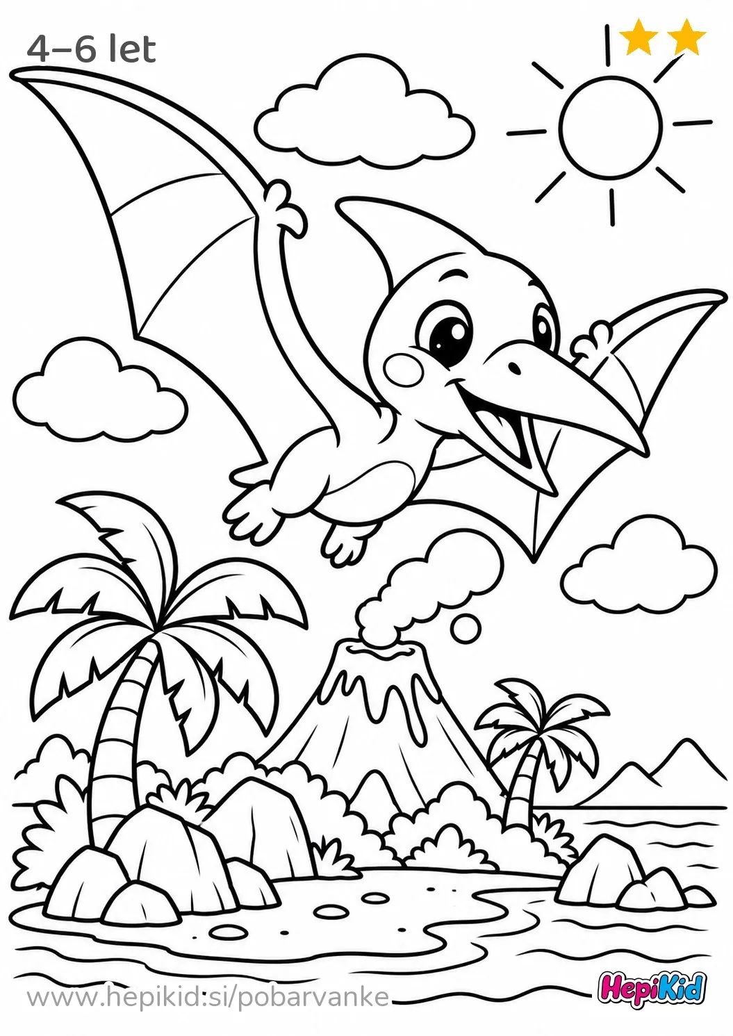 Kawaii pobarvanka: pterodaktil leti nad otokom za otroke od 4–6 let