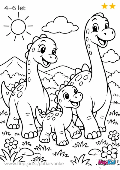 Kawaii pobarvanka: dinozavrska družina na sprehodu za otroke od 4–6 let