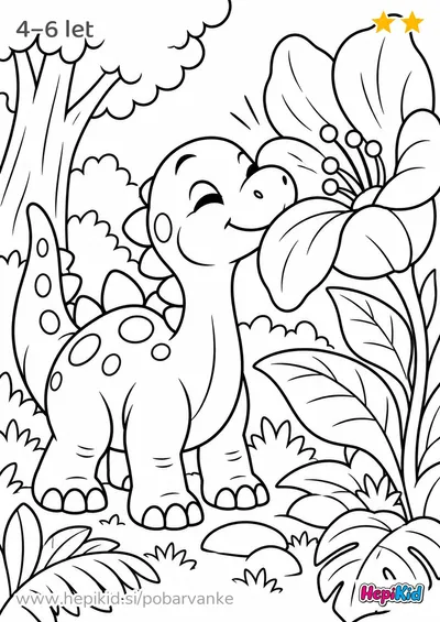 Kawaii pobarvanka: dinozaver in velikanski cvet za otroke od 4–6 let