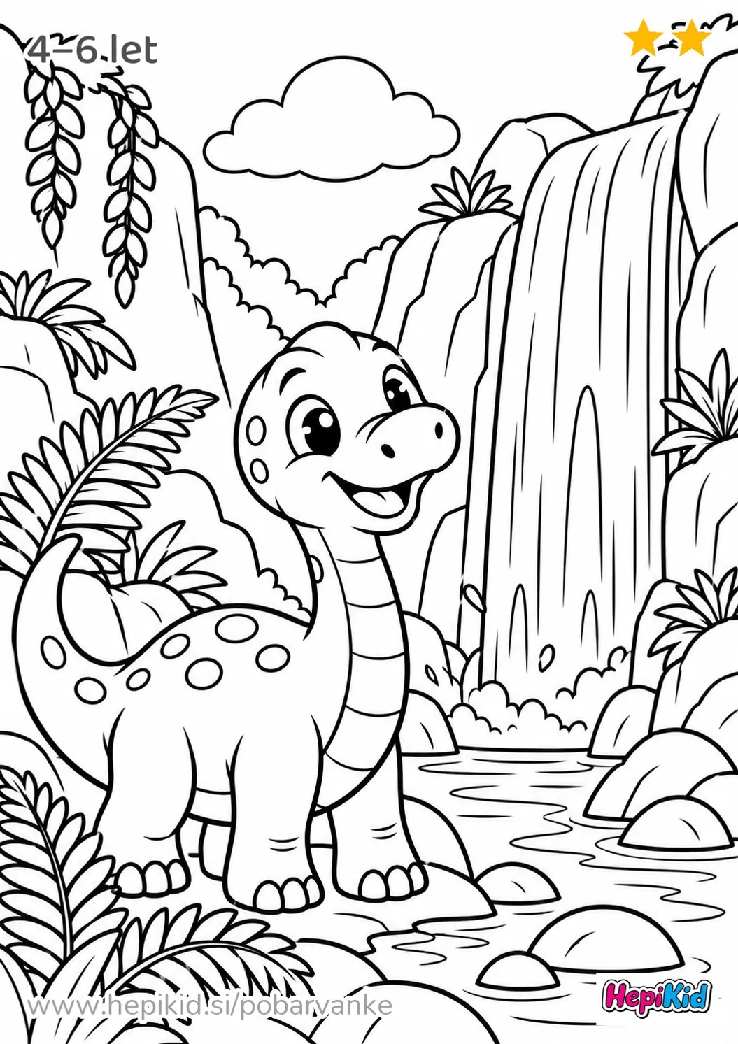 Kawaii pobarvanka: dinozaver ob slapovih za otroke od 4–6 let