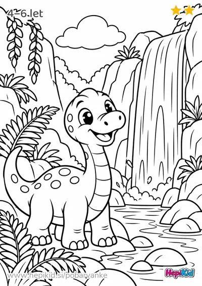 Kawaii pobarvanka: dinozaver ob slapovih za otroke od 4–6 let