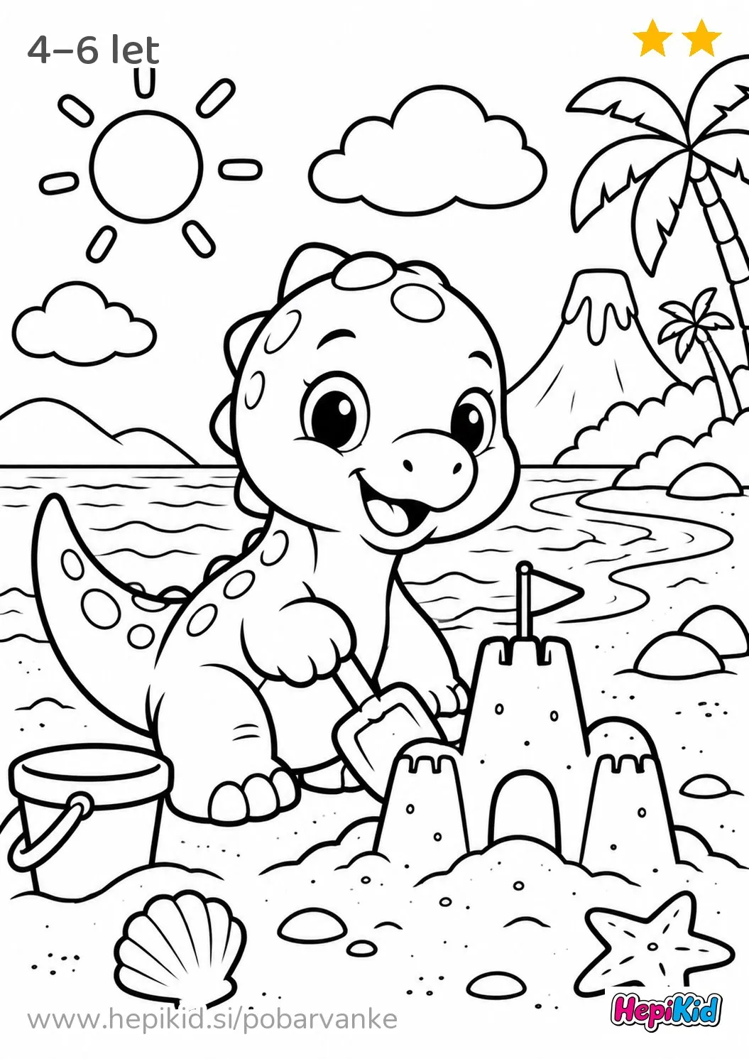 Kawaii pobarvanka: dinozaver na plaži za otroke od 4–6 let