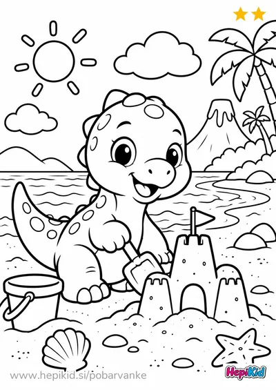 Dinozaver z lopatko ureja velik peščeni grad ob vedru na plaži.