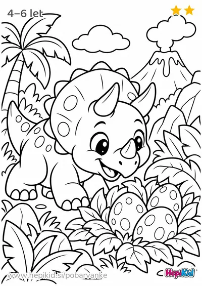 Kawaii pobarvanka: dinozaver išče jajca za otroke od 4–6 let