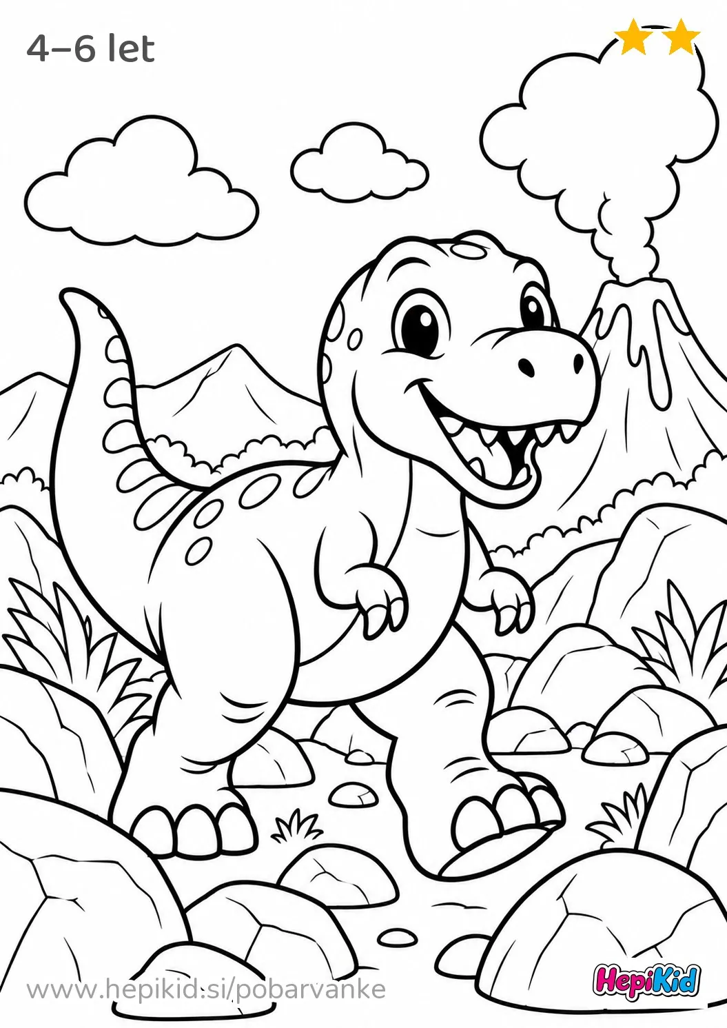 Kawaii pobarvanka: dinozaver in vulkanski kamni za otroke od 4–6 let