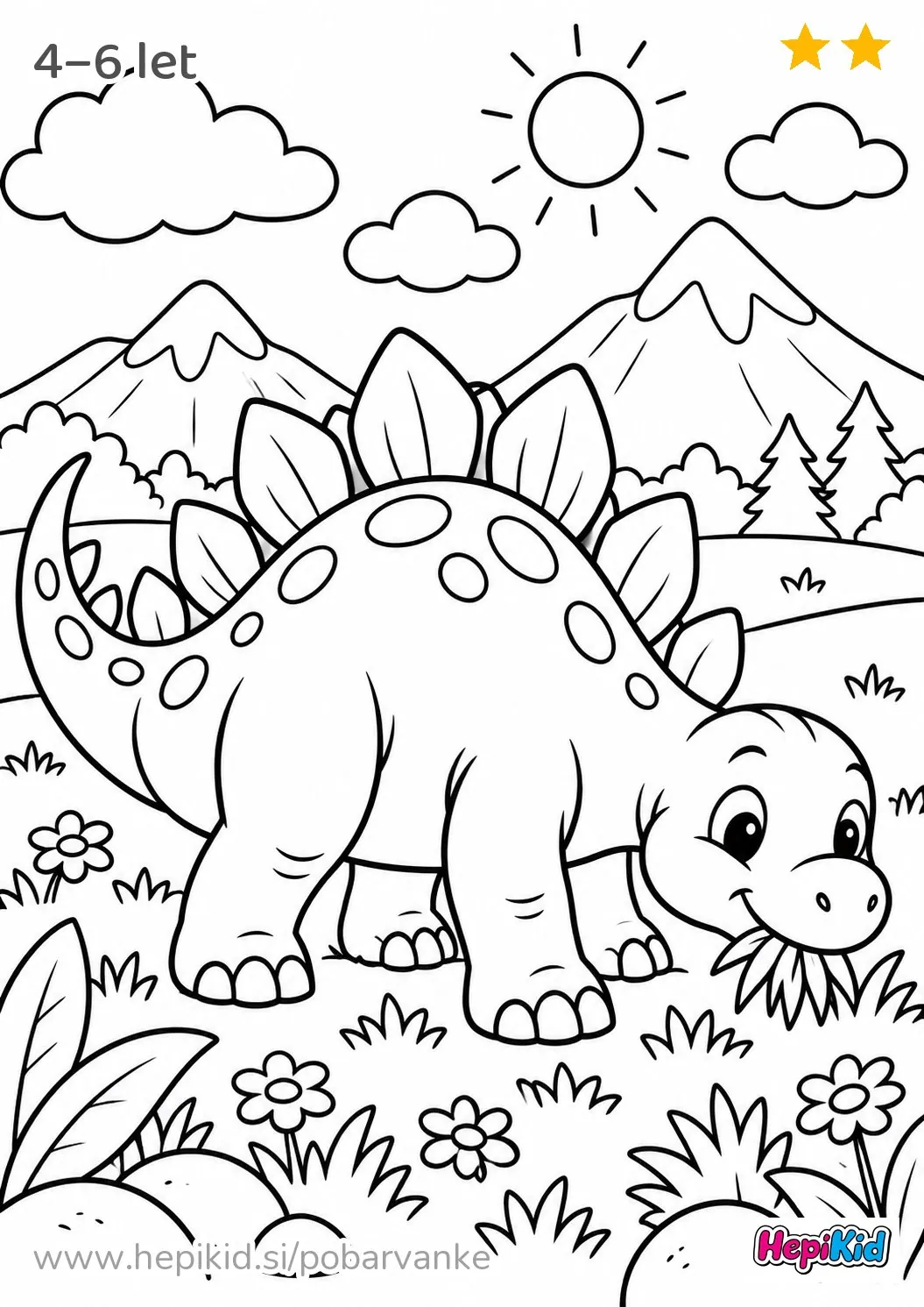 Kawaii pobarvanka: dinozaver na prazgodovinski livadi za otroke od 4–6 let