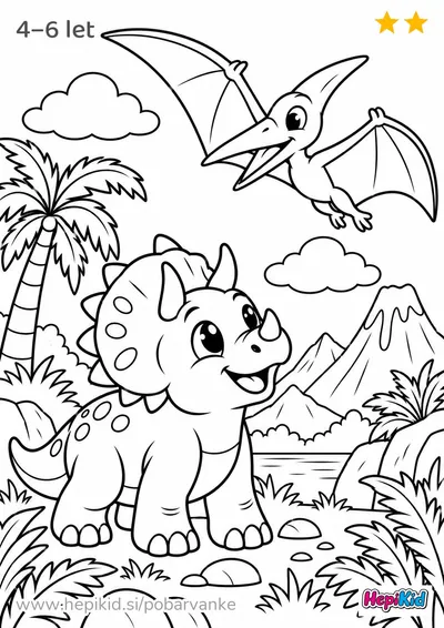 Kawaii pobarvanka: dinozaver in leteči plazilec za otroke od 4–6 let