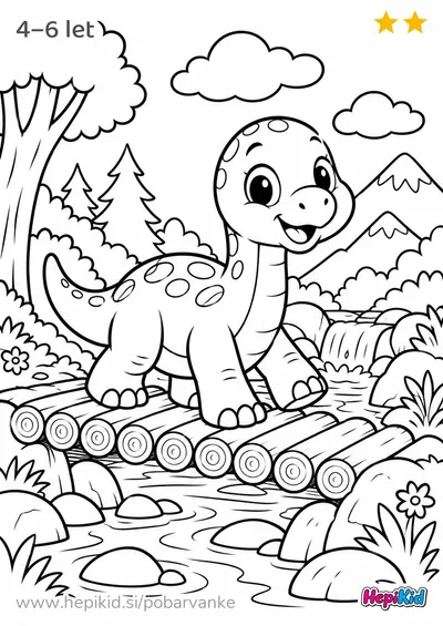 Kawaii pobarvanka: dinozaver na mostu iz hlodov za otroke od 4–6 let