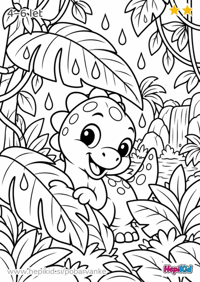 Kawaii pobarvanka: dinozaver v deževnem gozdu za otroke od 4–6 let