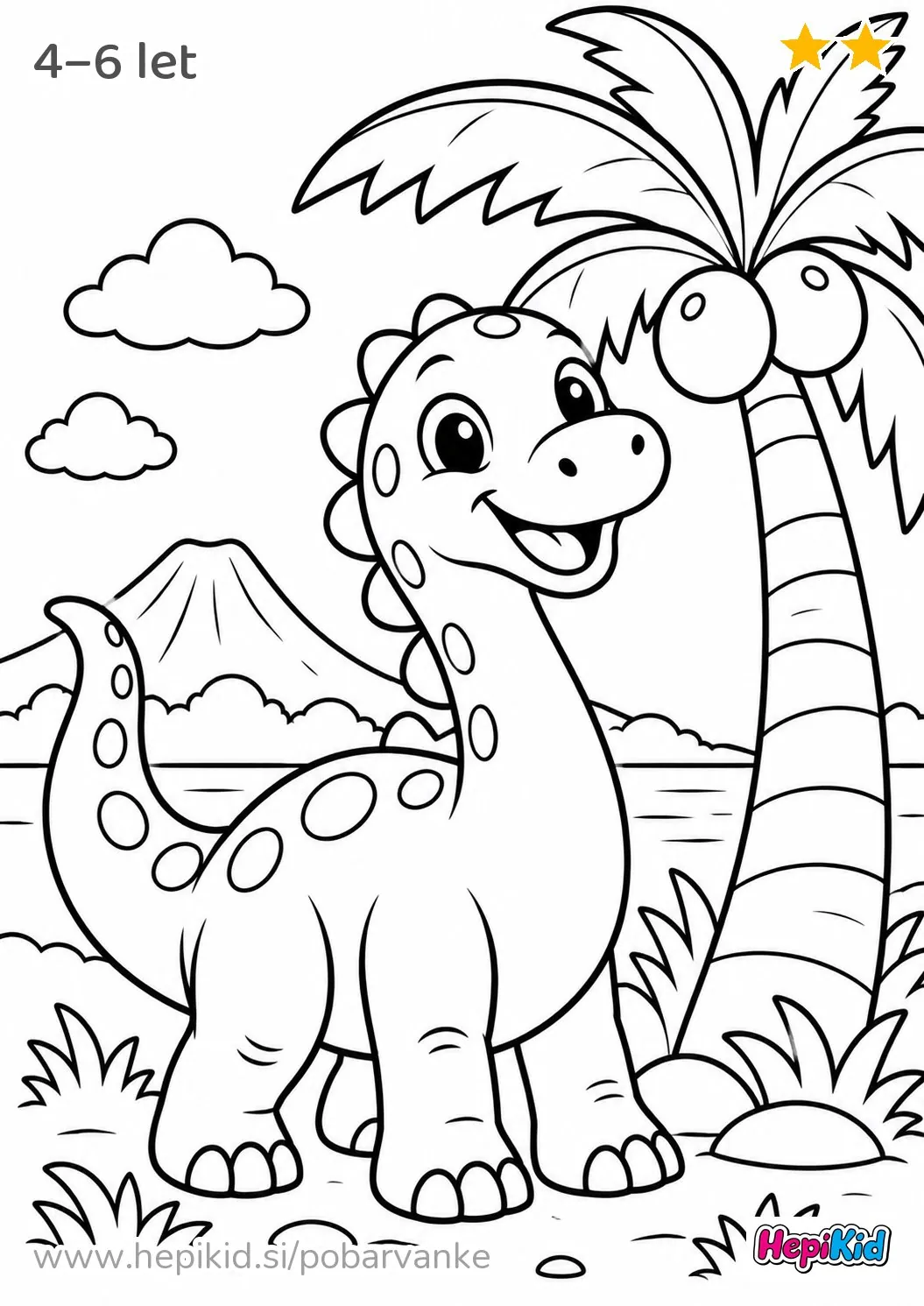 Kawaii pobarvanka: dinozaver in kokosova palma za otroke od 4–6 let