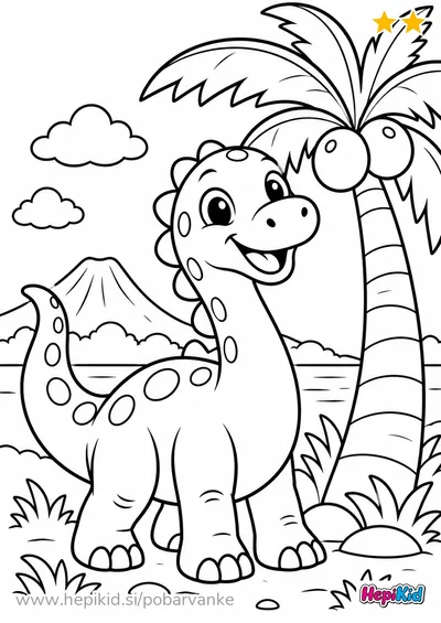 Dolgovrati dinozaver stoji ob palmi s kokosovimi orehi na bregu vode.