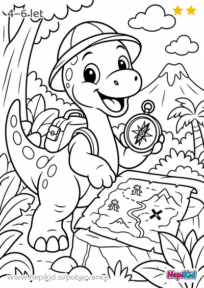 Kawaii pobarvanka: dinozaver s kompasom za otroke od 4–6 let