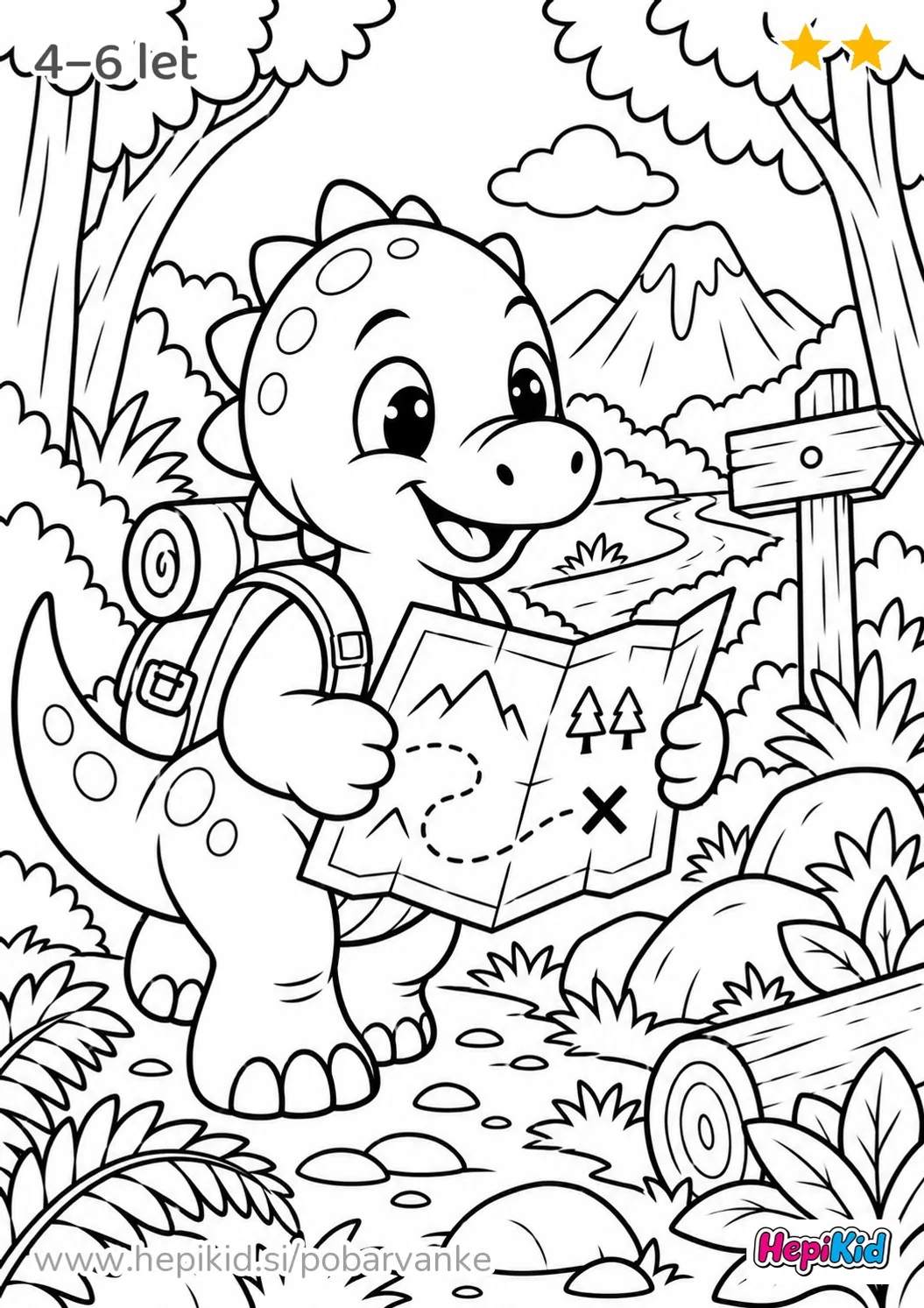 Kawaii pobarvanka: dinozaver in zemljevid za otroke od 4–6 let
