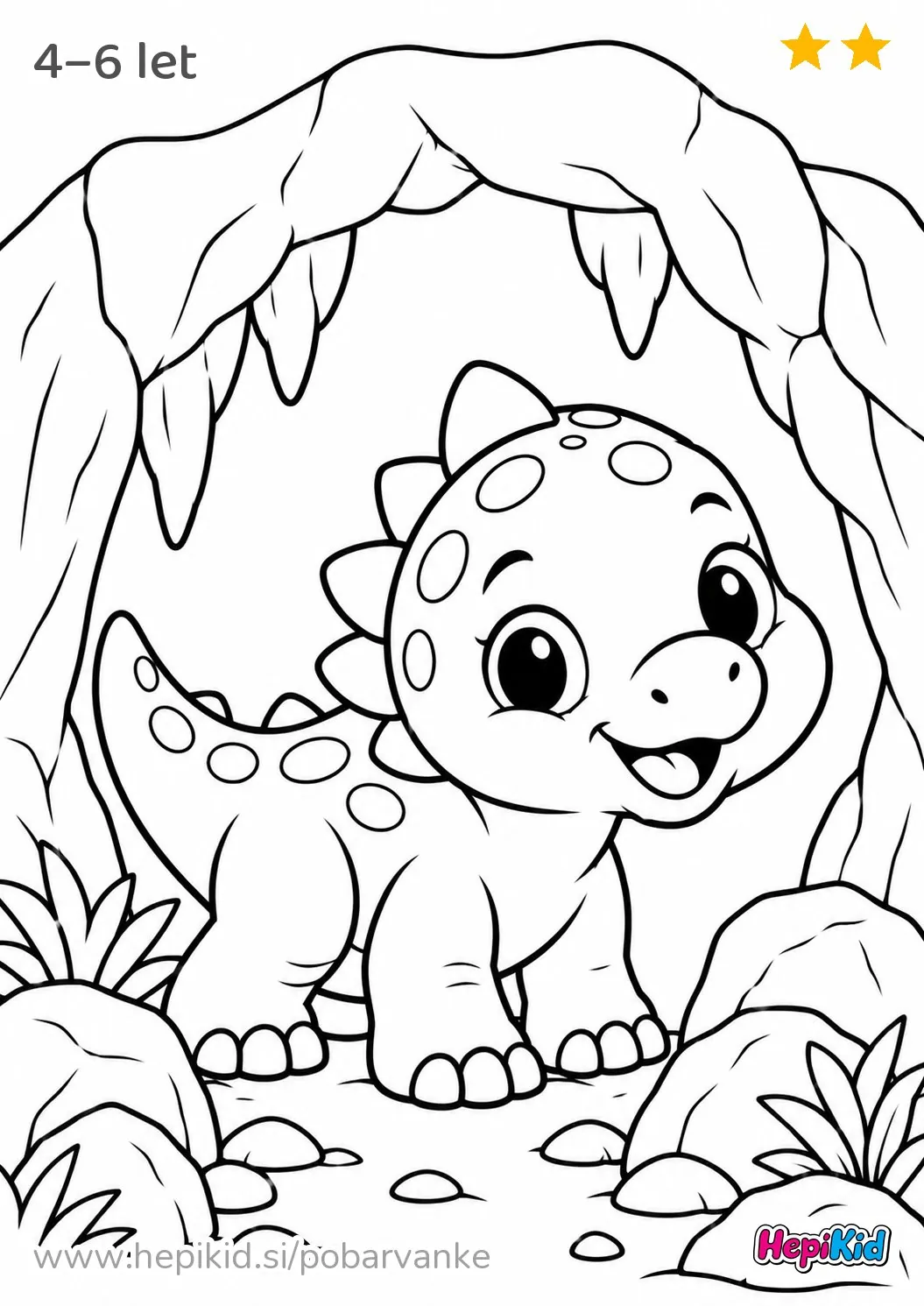 Kawaii pobarvanka: dinozaver v jamskem vhodu za otroke od 4–6 let