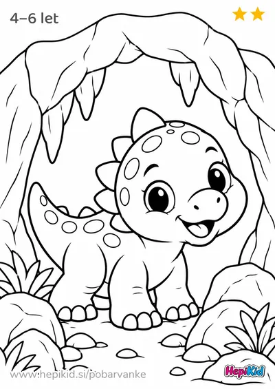 Kawaii pobarvanka: dinozaver v jamskem vhodu za otroke od 4–6 let