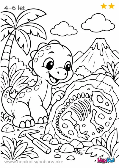 Kawaii pobarvanka: dinozaver in fosil za otroke od 4–6 let