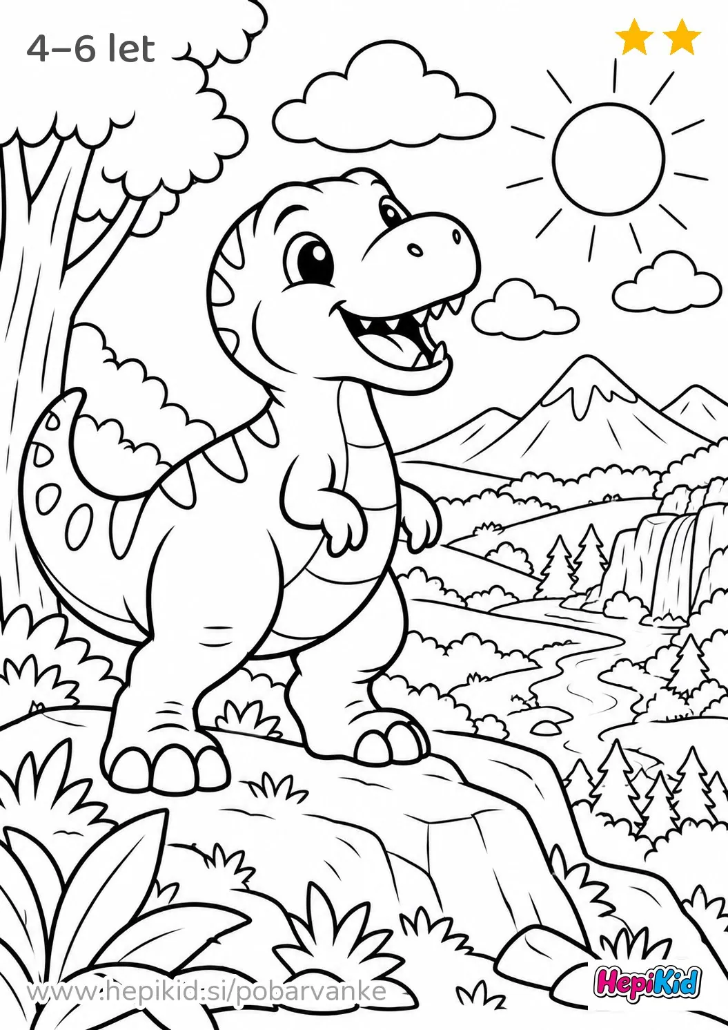 Kawaii pobarvanka: dinozaver na hribu za otroke od 4–6 let