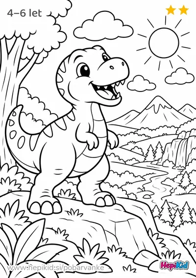 Kawaii pobarvanka: dinozaver na hribu za otroke od 4–6 let