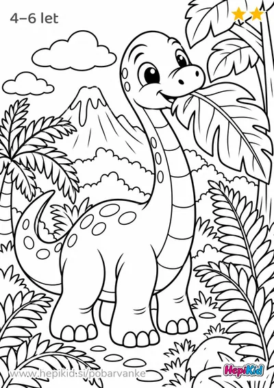 Kawaii pobarvanka: dinozaver z velikim listom za otroke od 4–6 let