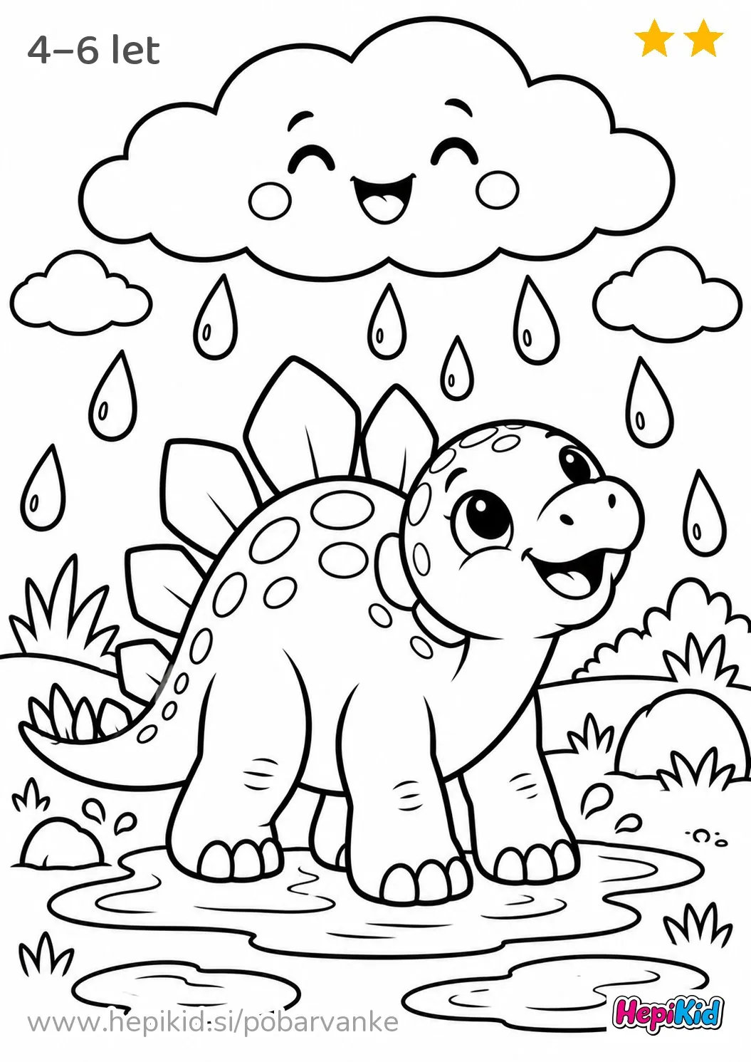 Kawaii pobarvanka: dinozaver in deževni oblak za otroke od 4–6 let