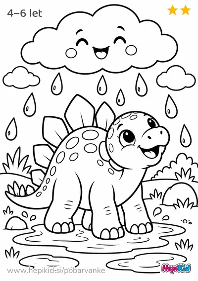 Kawaii pobarvanka: dinozaver in deževni oblak za otroke od 4–6 let