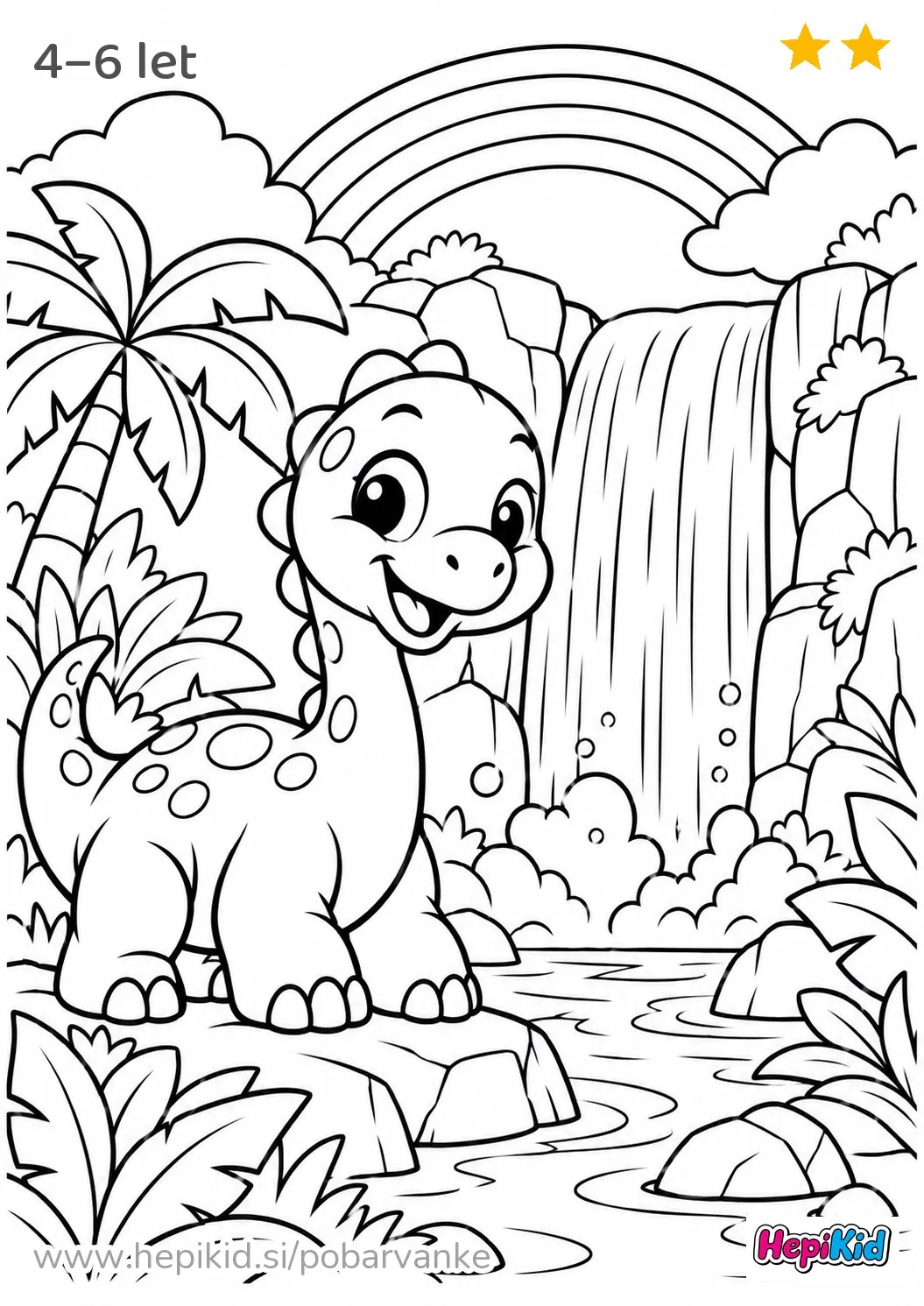 Kawaii pobarvanka: dinozaver in mavrični slap za otroke od 4–6 let
